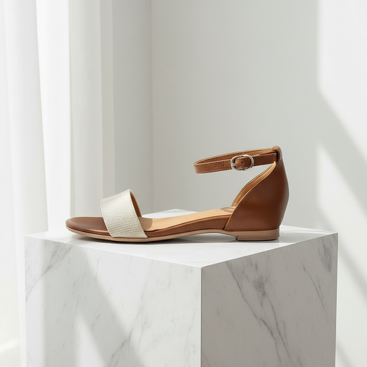 Brown sandal with a white strap on a marble pedestal against a light gray background