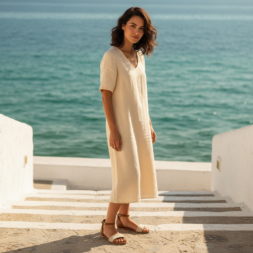 Woman in a beige dress standing on steps with ocean in the background