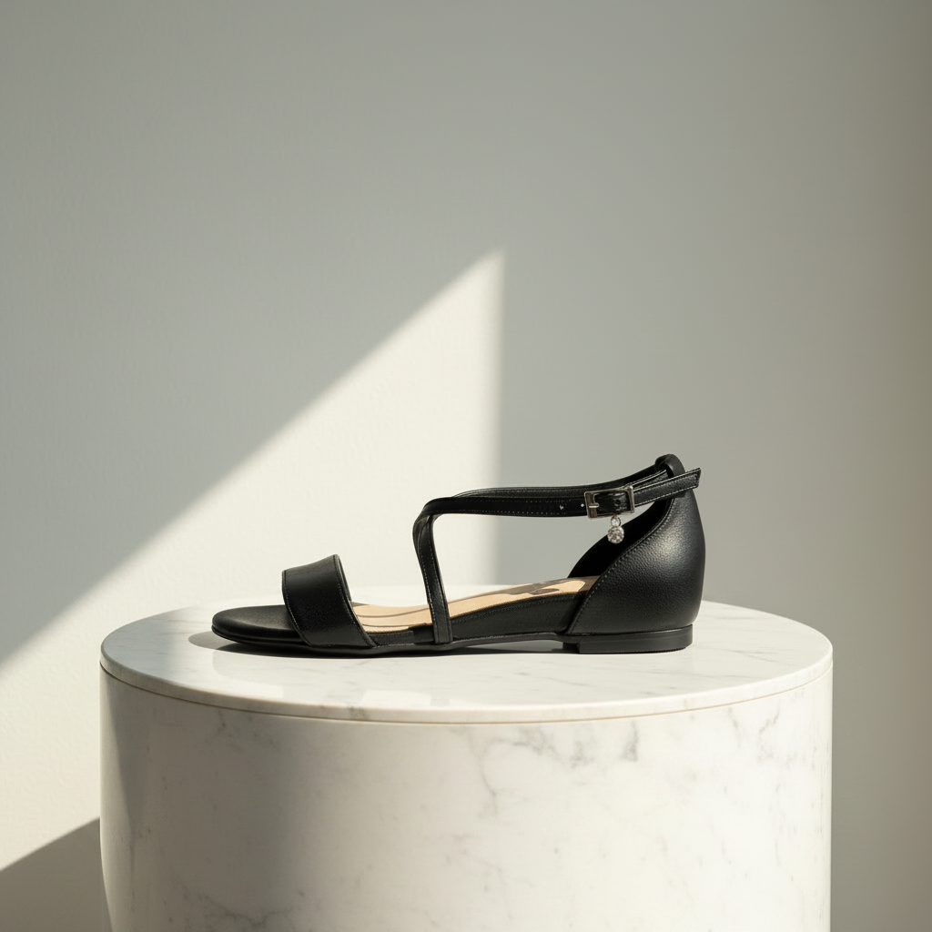 Black strappy sandals set on a round marble pedestal.