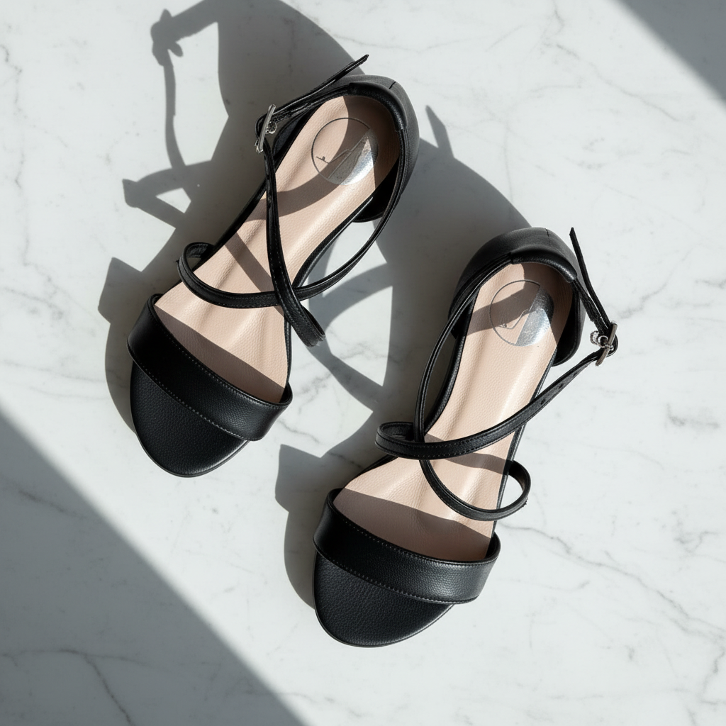 Black strappy sandals on a light gray surface