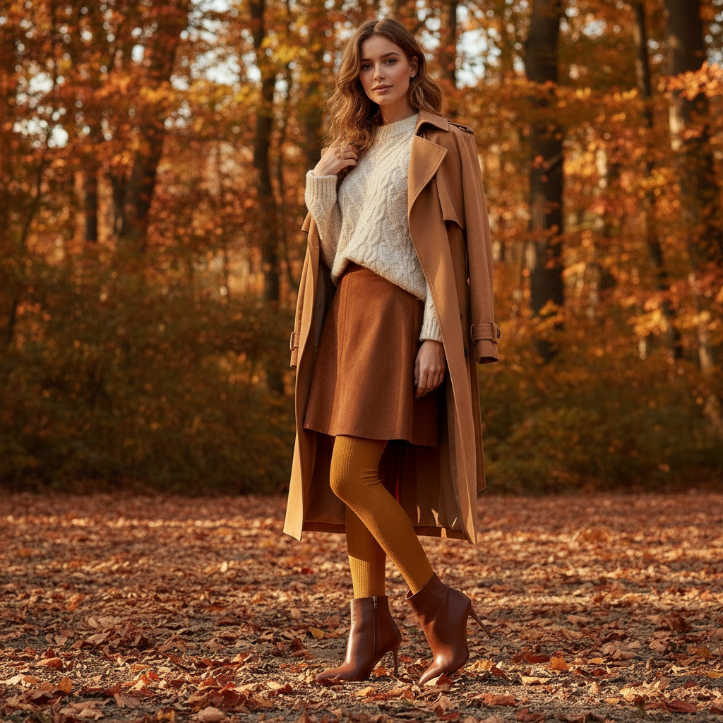 Brown high-heeled ankle boot worn by a model in a park.