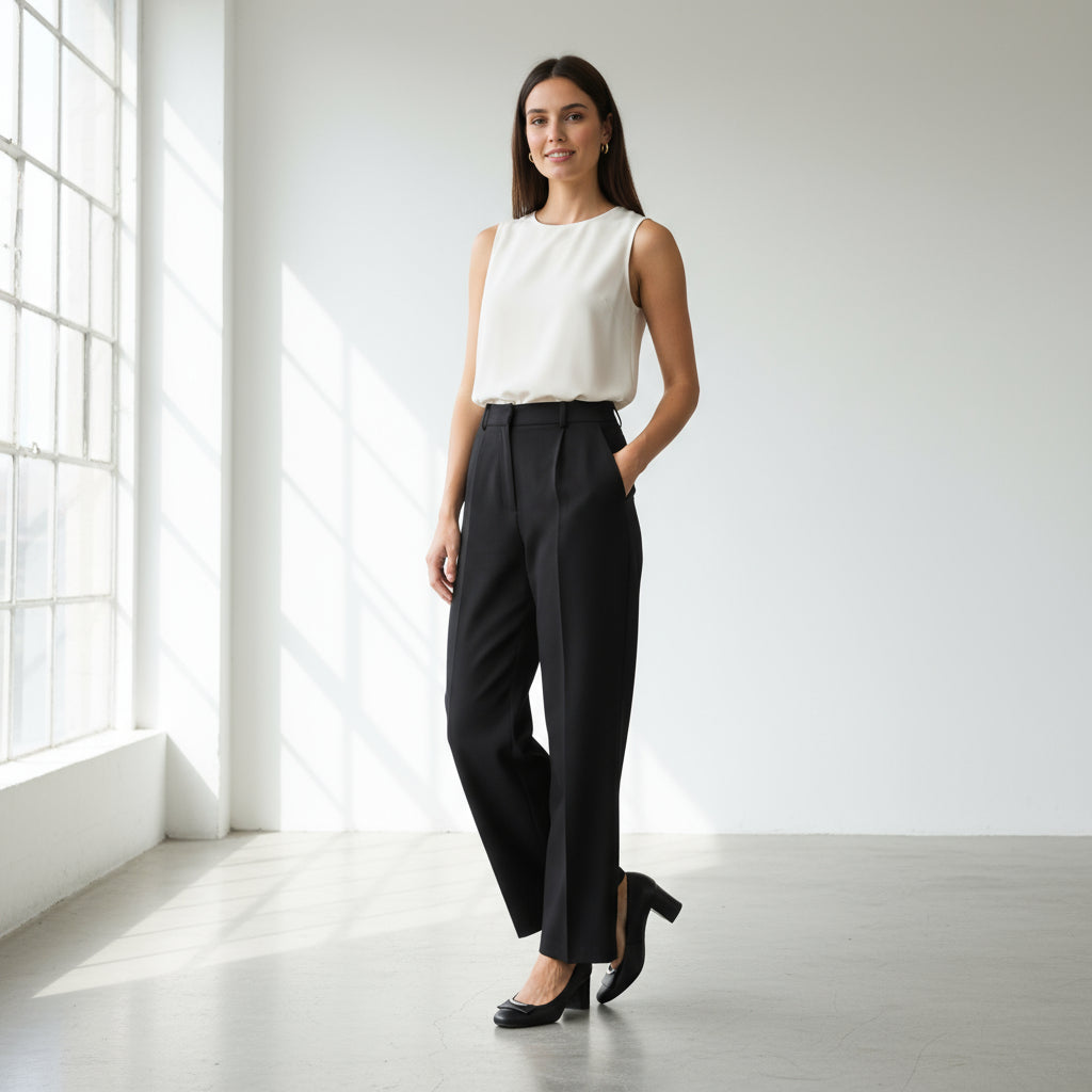 Woman wearing a white sleeveless top and black pants in a bright room.