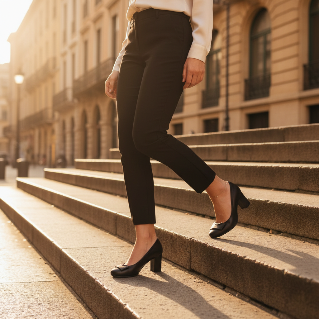 A person wearing black ankle-length trousers and black pointed-toe pumps walks up outdoor stone steps in warm golden sunlight, with blurred city buildings in the background.