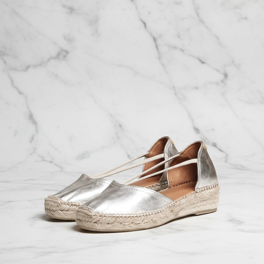 Gold metallic espadrilles with elastic crossover straps and jute platform sole for small women's shoe sizes.