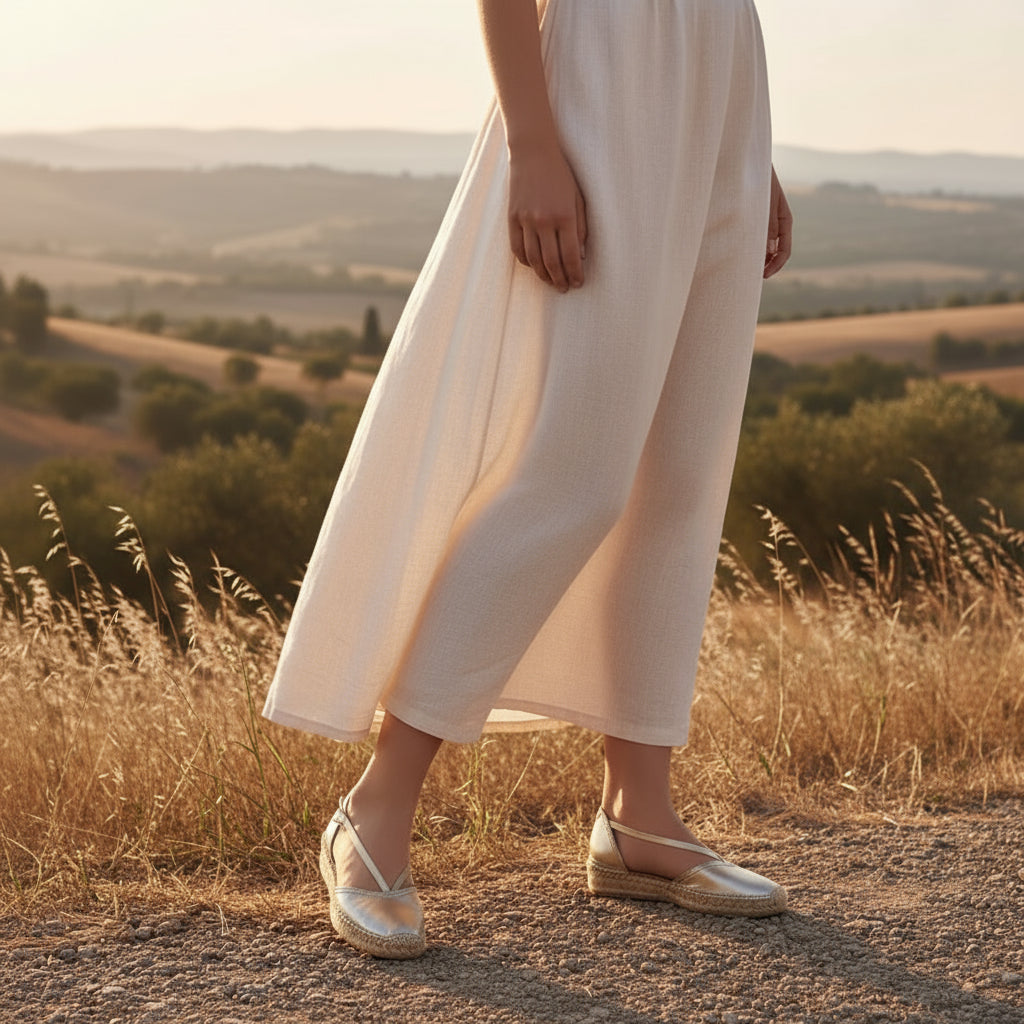 Gold metallic espadrilles with elastic straps worn with linen dress, designed for petite feet sizes 1-2.