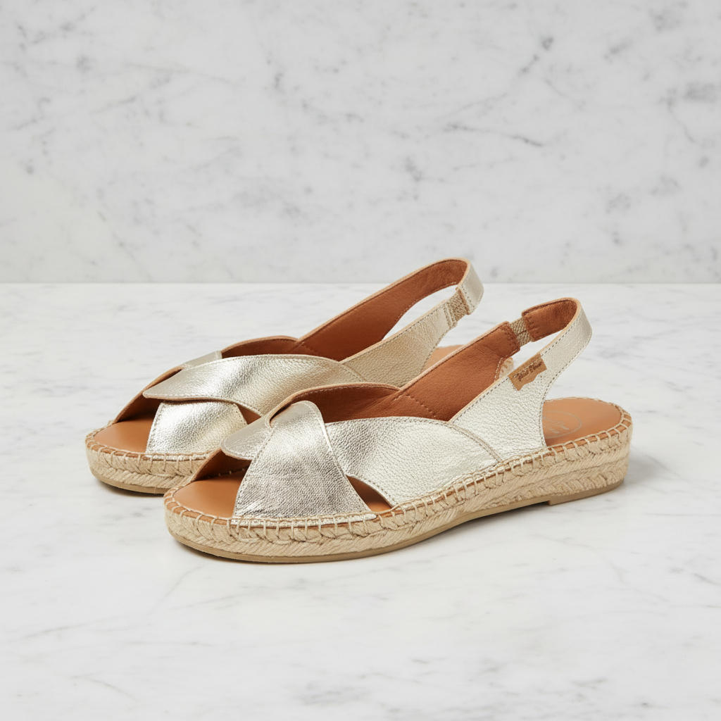 ALEXA metallic leather espadrille with cross-over design, elasticated back strap and jute sole for petite feet.