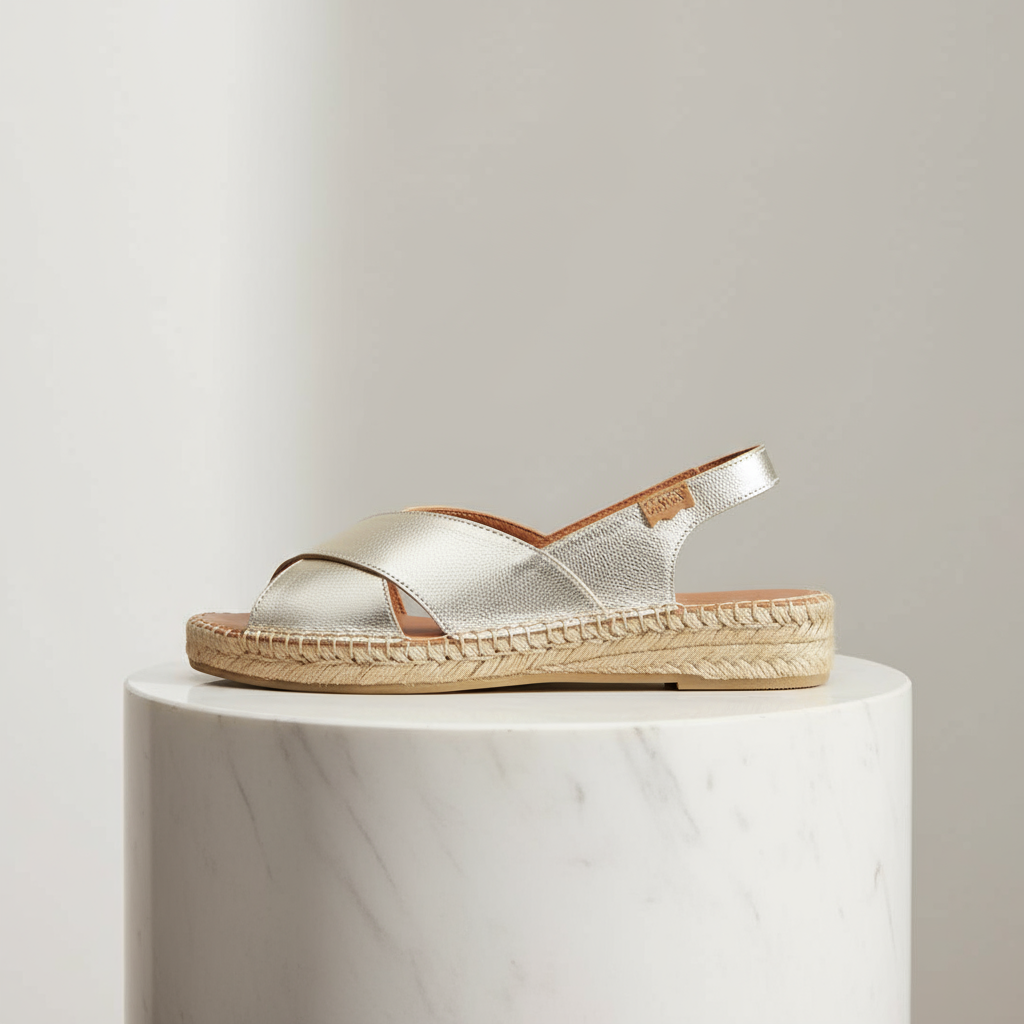 ALEXA gold leather espadrilles with cross-over design, elasticated back and jute platform for petite women's feet.