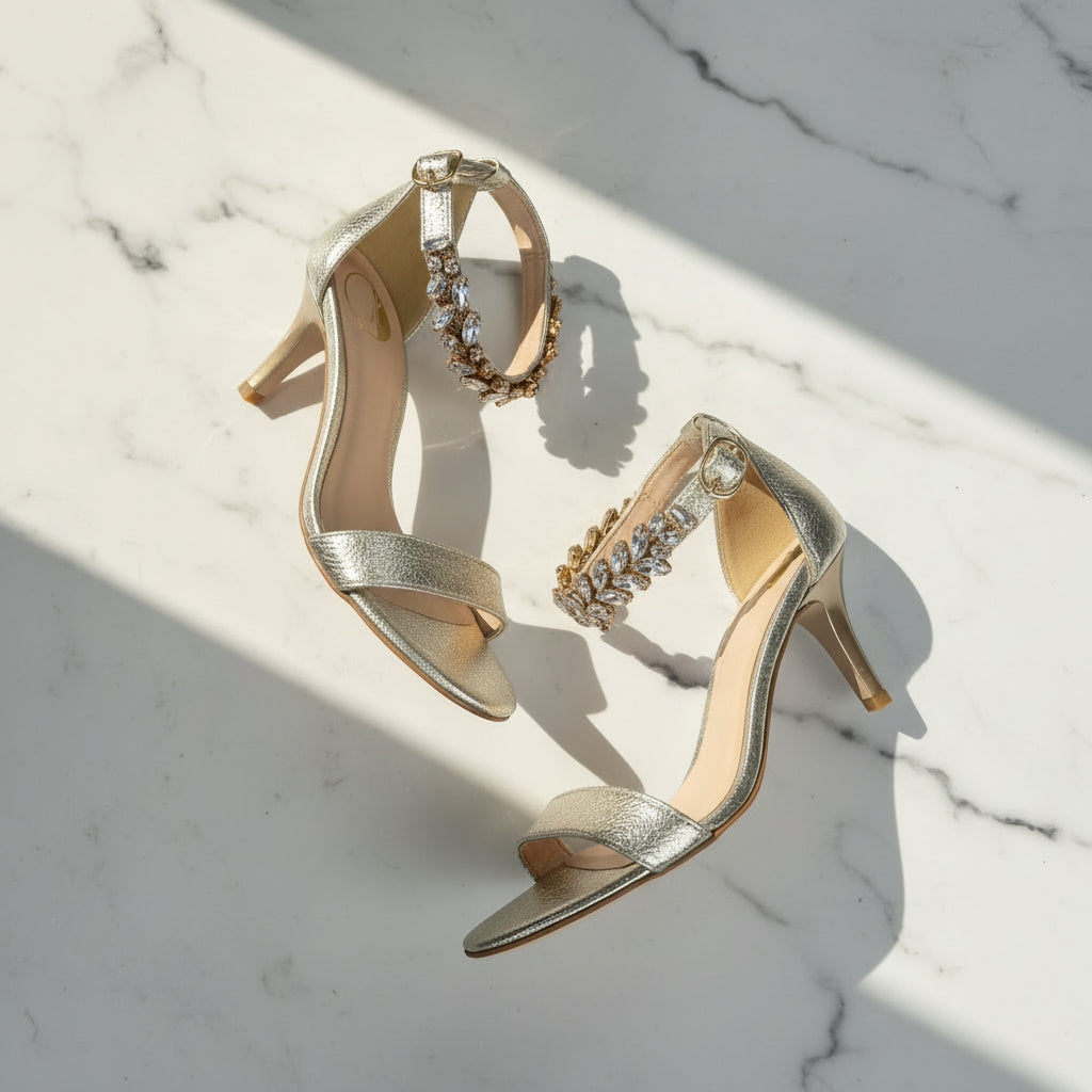 Gold high-heeled sandals with embellishments on a white surface
