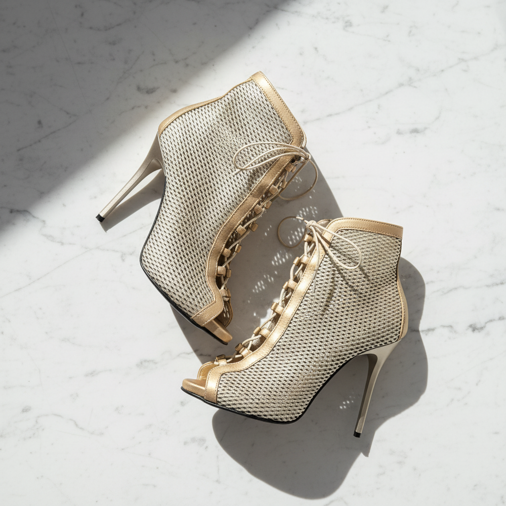 A pair of women's stiletto ankle boots with a beige and gold mesh pattern, gold chain lace-up detailing, and gold trim, displayed on a white marble surface with dramatic diagonal shadows.