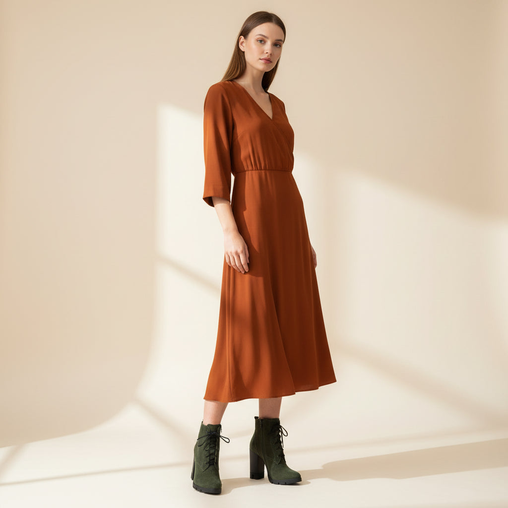Woman wearing a rust-colored dress with green boots on a beige background