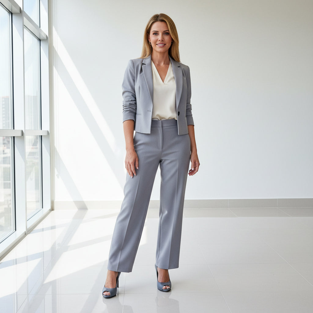 Model wearing grey tailored suit and matching open toe heels.