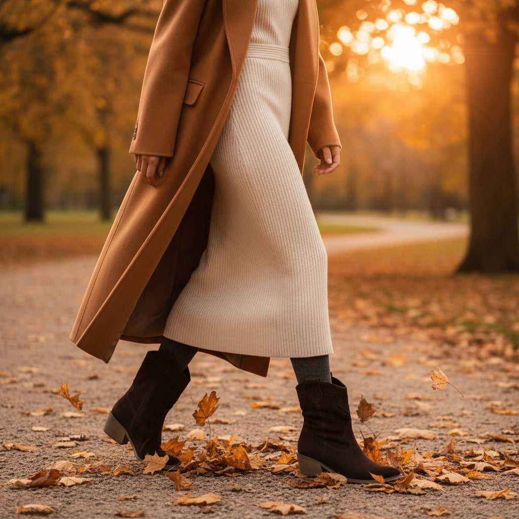 Person wearing a long coat and white dress walking on a path with autumn leaves and trees in the background.
