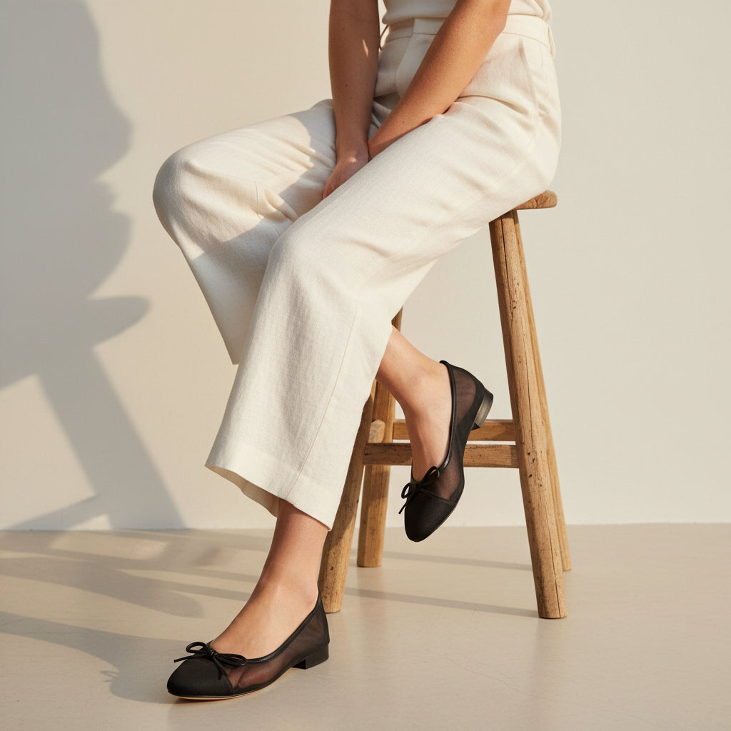Woman sat on a wooden stool wearing linen tailored trousers and contrast black mesh ballerina flats.