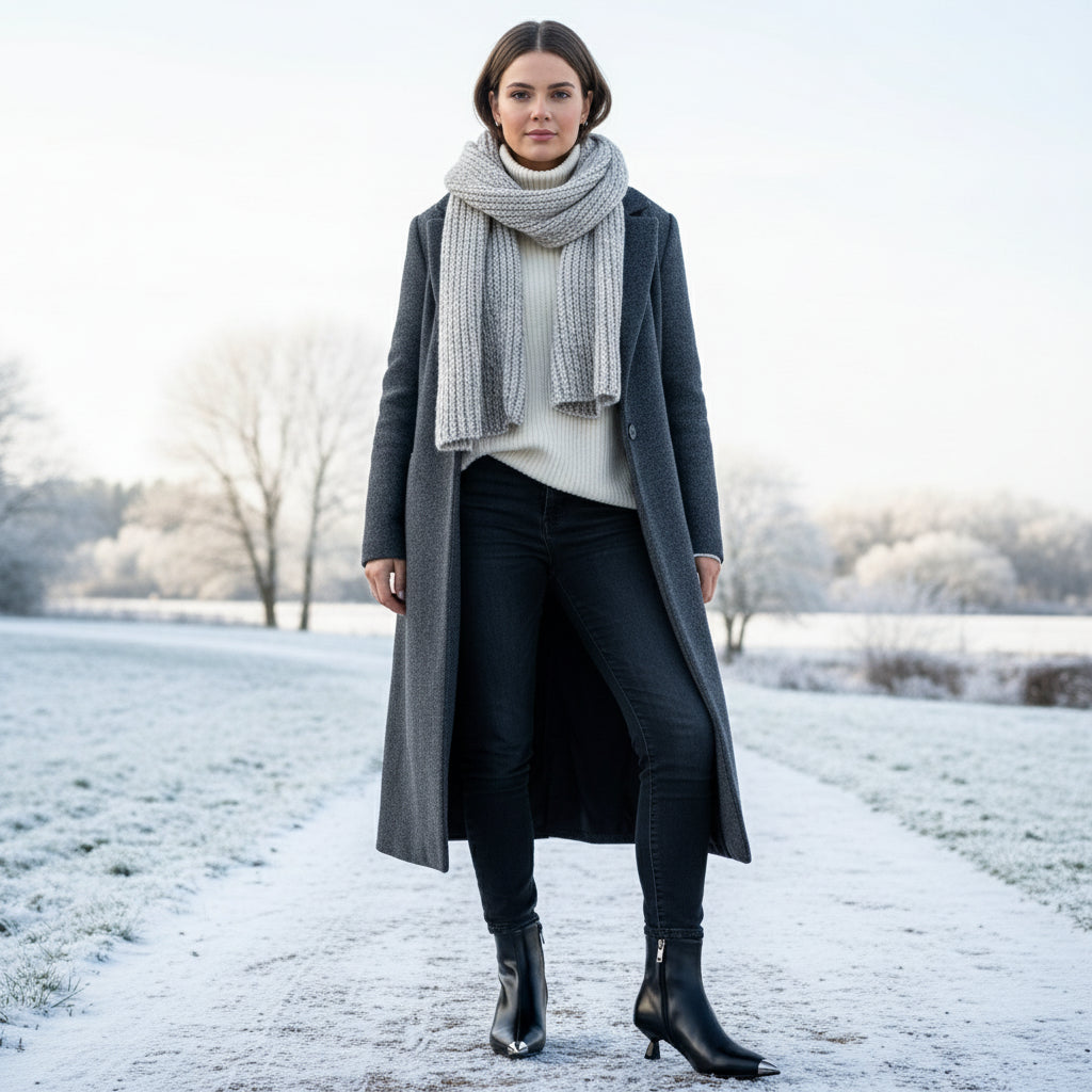 Woman in a long coat and scarf standing in a snowy landscape