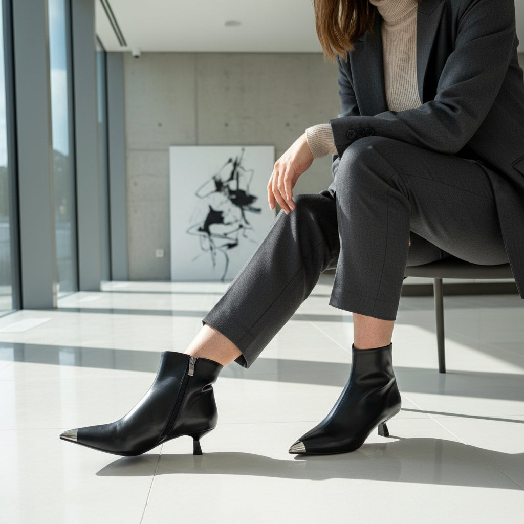 Black ankle boots with metallic heel caps worn indoors on a tiled floor.