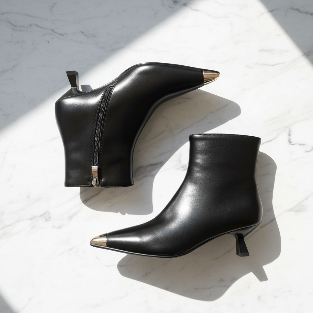 A pair of black leather ankle boots with pointed toes and gold-tone metal toe caps, arranged on a white marble surface with dramatic diagonal sunlight and shadows.
