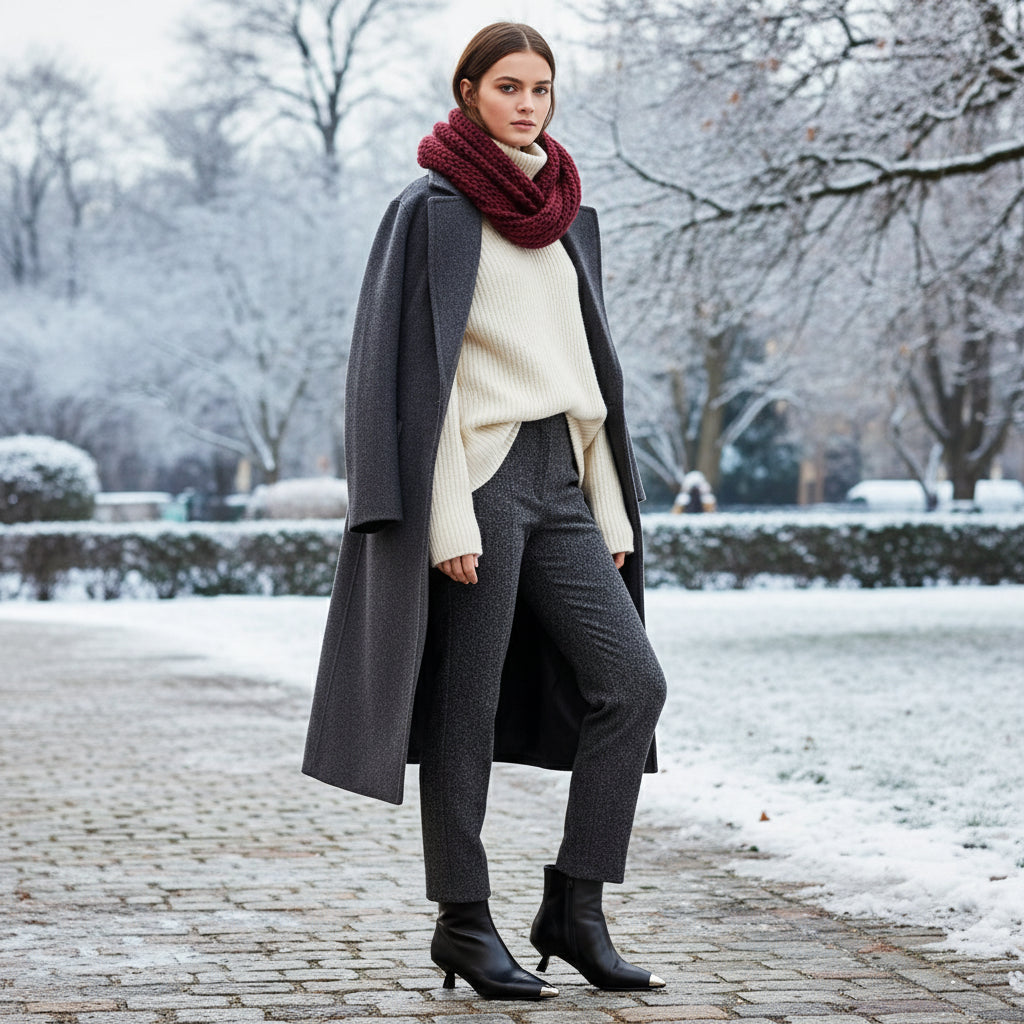 Woman in a snowy park wearing a long coat, white sweater, gray pants, and a red scarf.