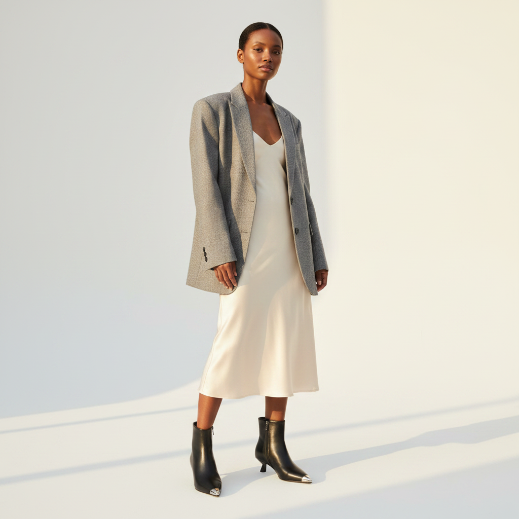 A model stands in a studio wearing an oversized light gray blazer over a cream midi slip dress, paired with black ankle boots, against a bright off-white background with soft shadows.