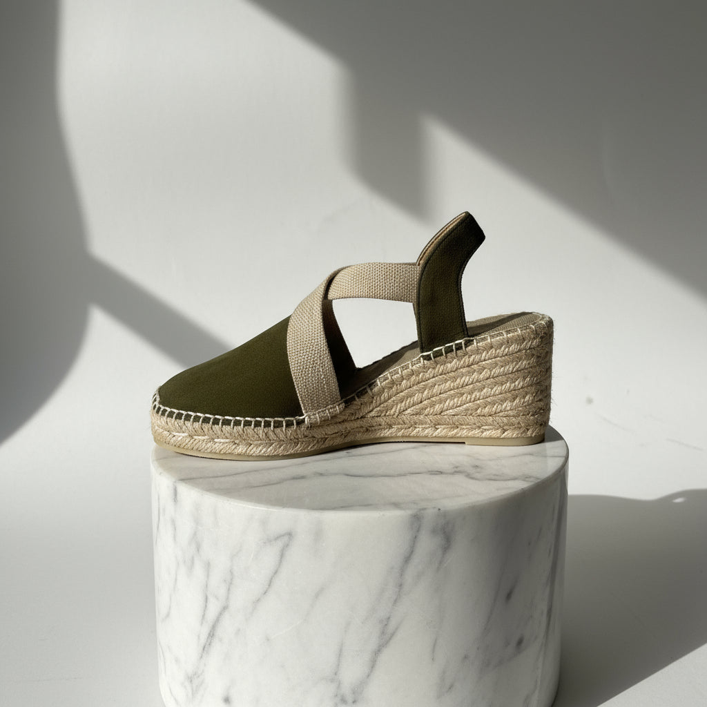Green suede HAZEL espadrille wedges with elastic comfort straps and jute wedge heel, sized for petite women's feet.
