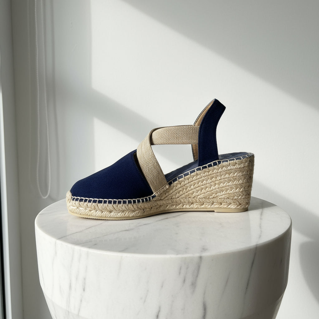 Side view of navy HAZEL espadrille wedges featuring elastic crossover straps and jute sole, perfect for small feet.
