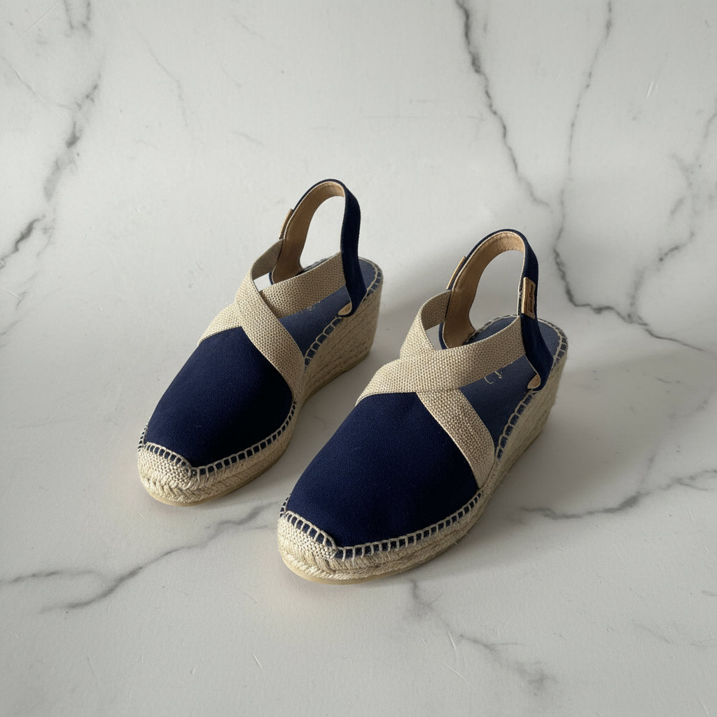 Navy suede HAZEL espadrille wedges with beige elastic straps and jute wedge heel, specially sized for petite women.