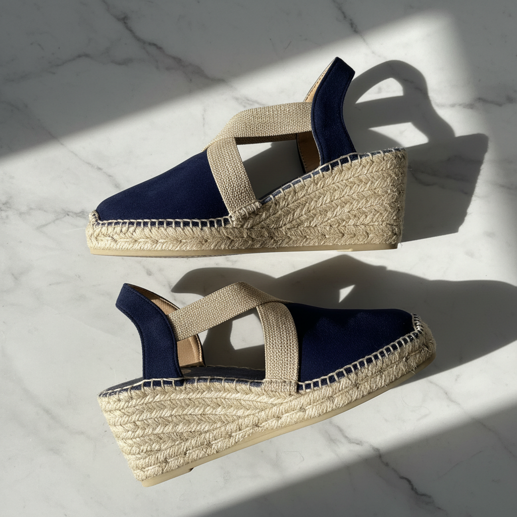 A pair of navy blue wedge espadrilles with woven jute wedge heels and beige elastic straps, displayed on a white marble surface with dramatic diagonal shadows.