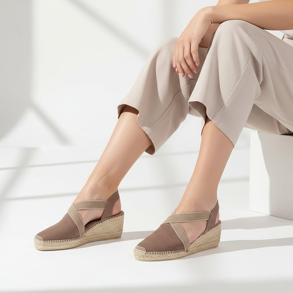 Taupe suede HAZEL espadrille wedges with elastic crossover straps and jute wedge heel, designed for petite feet.