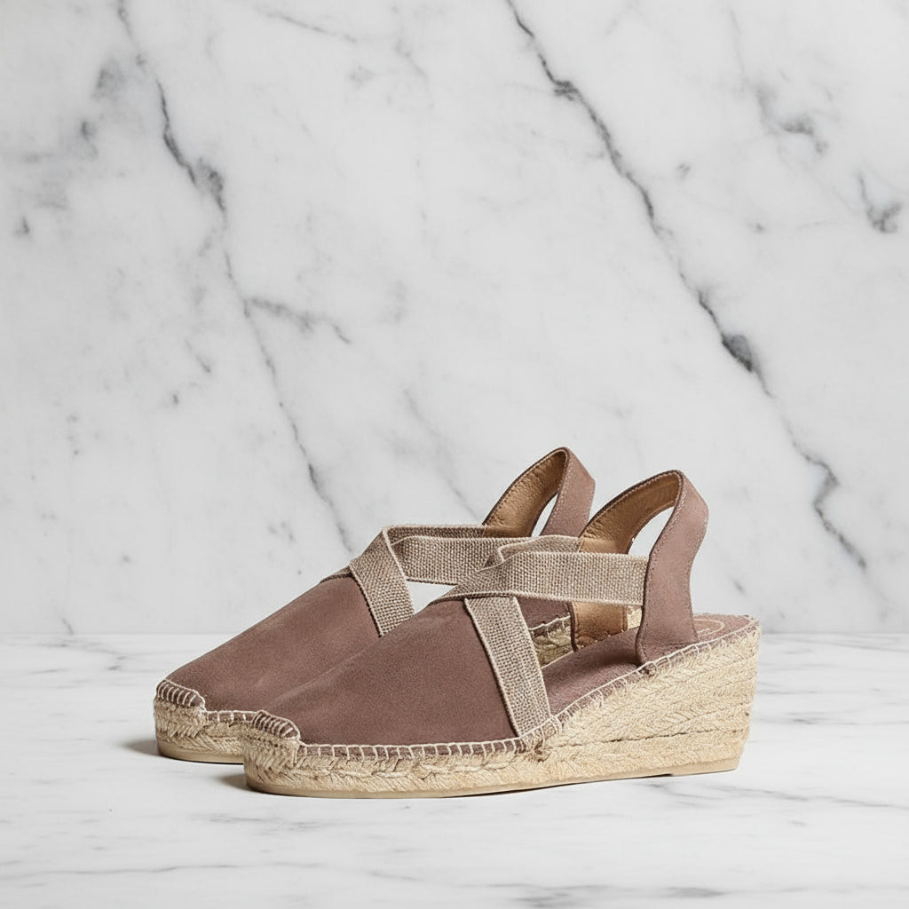 Side profile of taupe HAZEL espadrille wedges featuring elastic straps and 6cm jute wedge heel for small-sized feet.