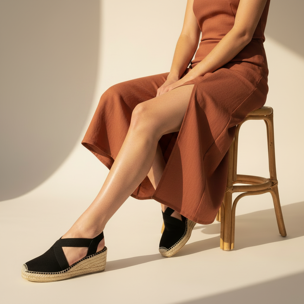 A model seated on a wooden stool wearing a rust-brown sleeveless dress and black wedge espadrille sandals with braided jute soles, photographed in warm directional sunlight against a cream background.