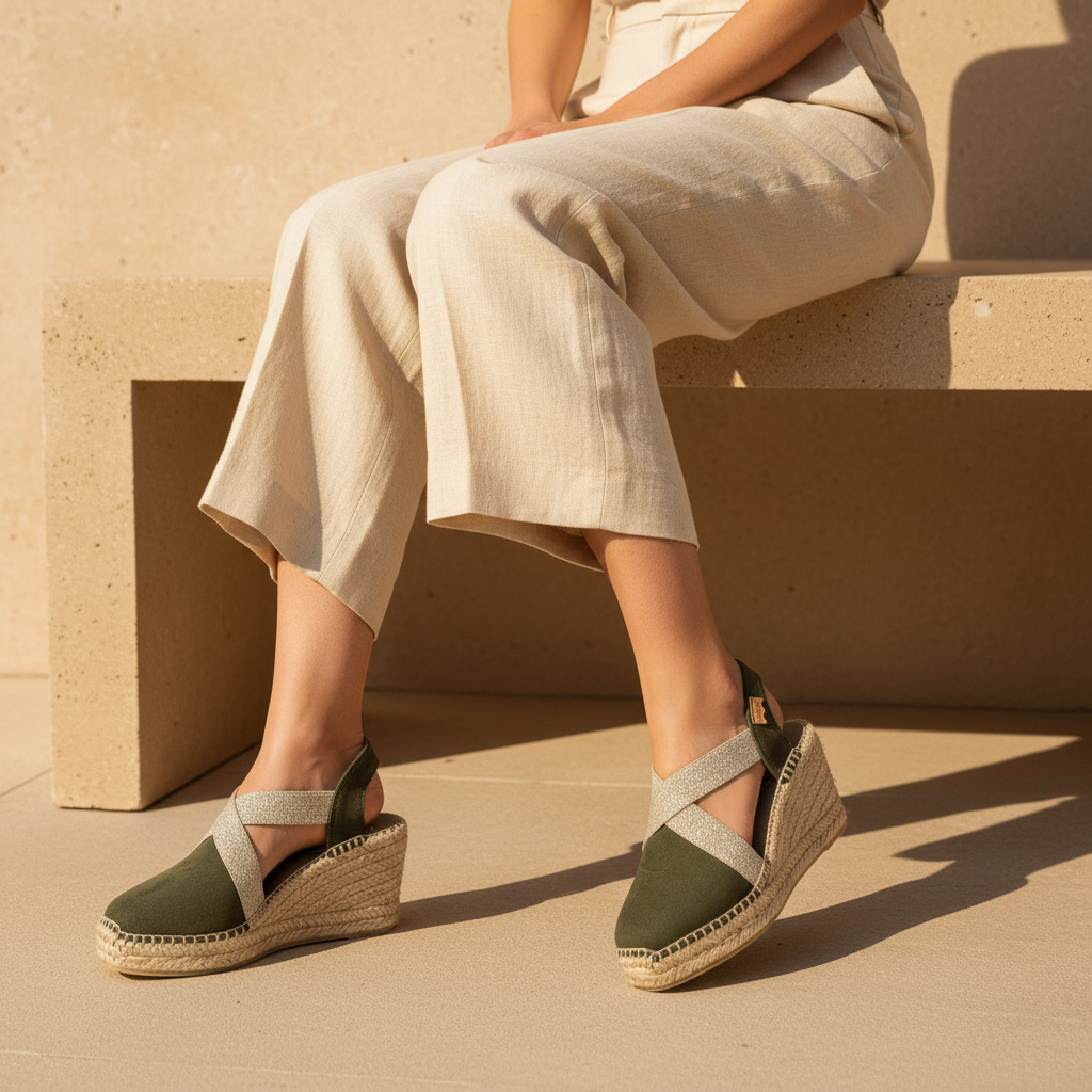 A person seated on a concrete bench wearing olive green wedge espadrille sandals with light gray woven straps and beige wide-leg trousers in warm sunlight.