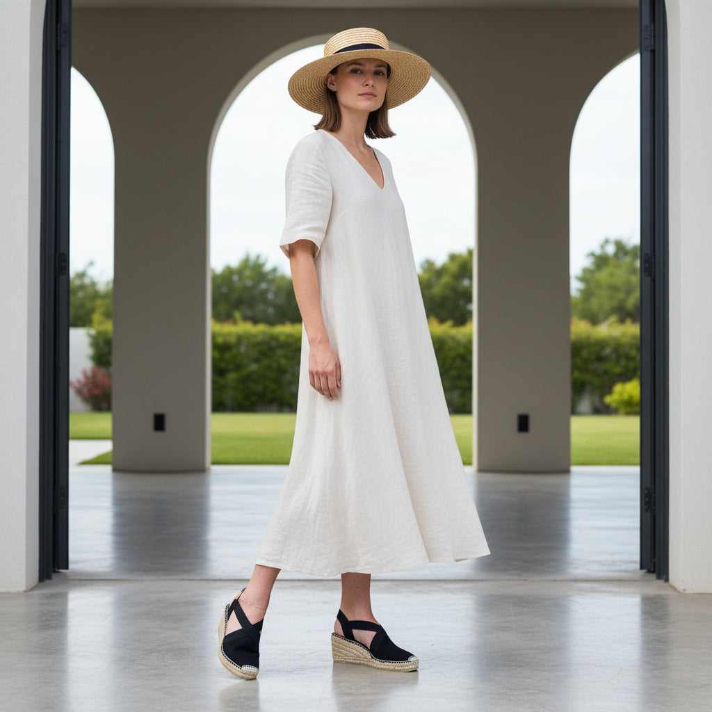 Woman in a white dress and straw hat standing in a modern architectural setting with greenery outside.