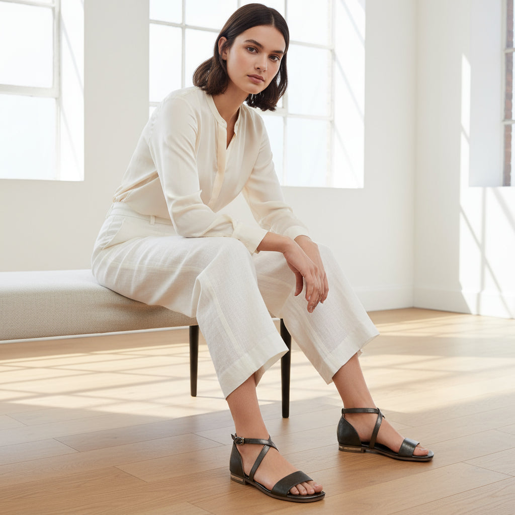 Woman in a white outfit sitting on a bench in a bright room.