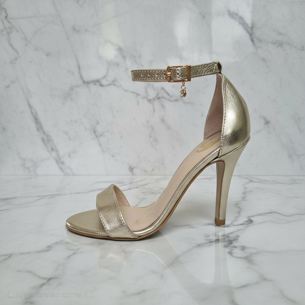 Light gold leather high heel sandals with ankle strap on marble surface