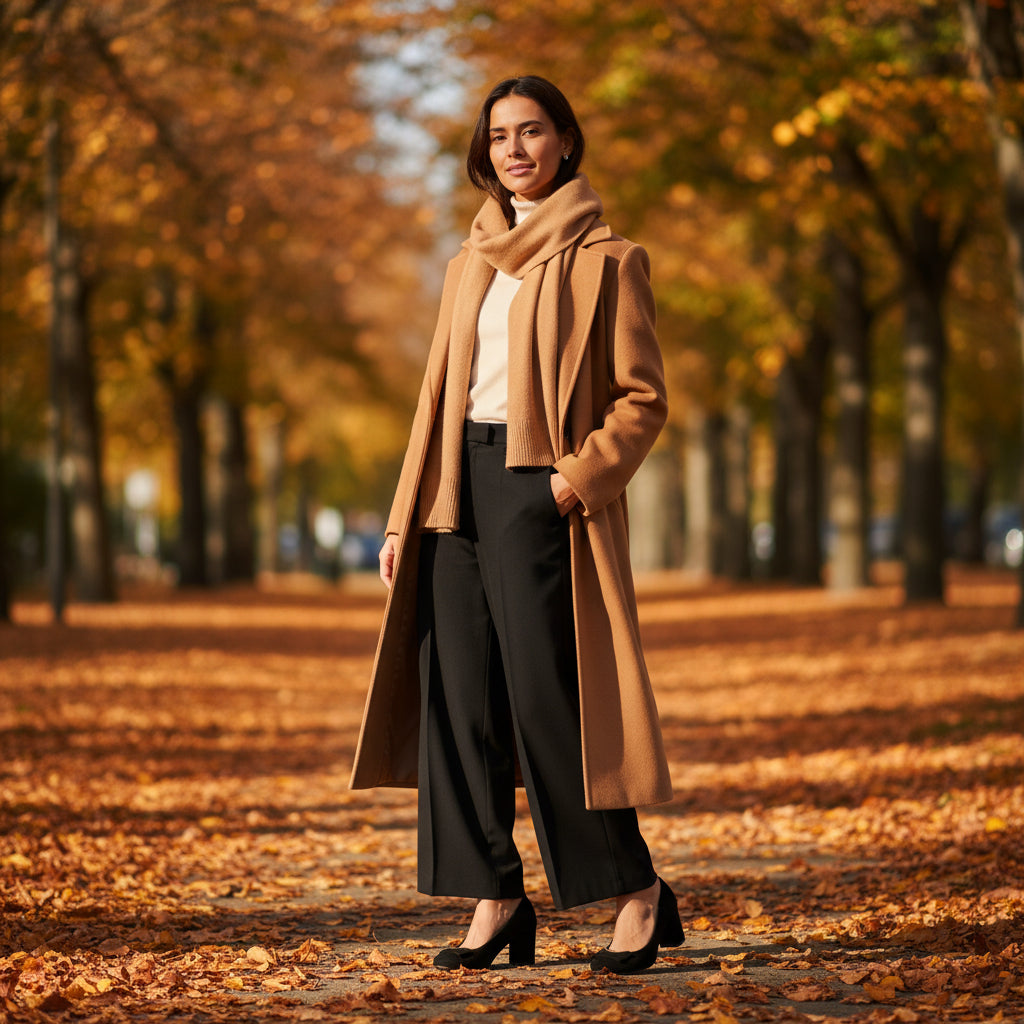 Woman in a tan coat and scarf standing in an autumn park with trees and fallen leaves.