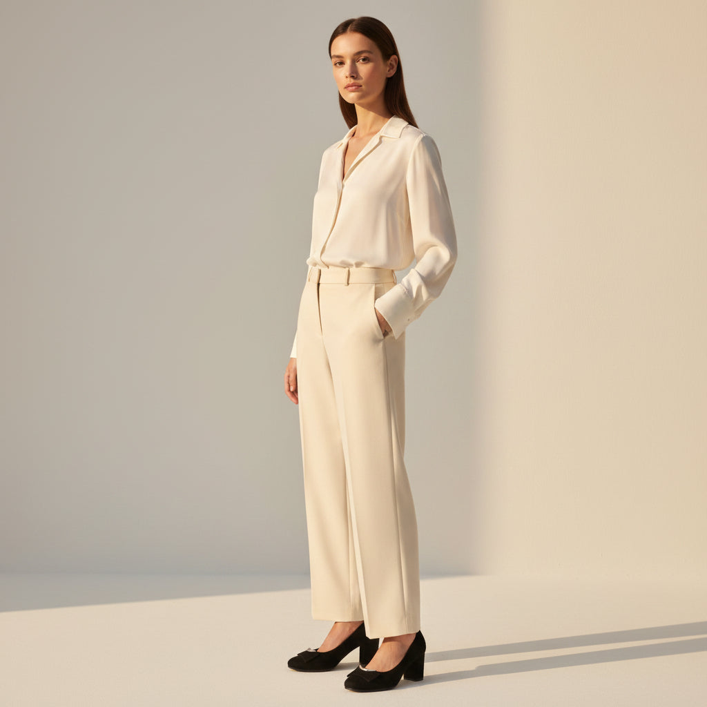 Woman wearing a white blouse and beige pants against a plain background