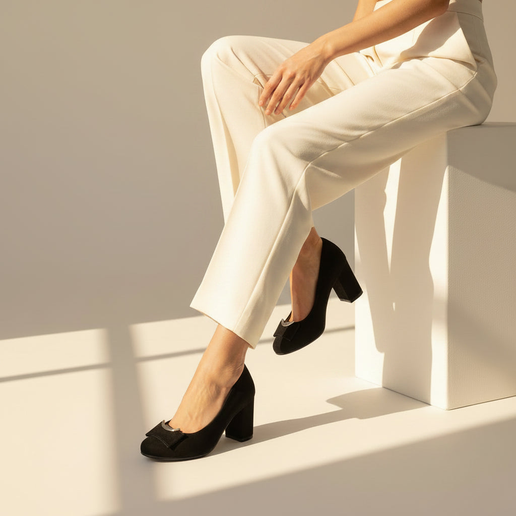 Person wearing black high heels and white pants sitting on a white stool.