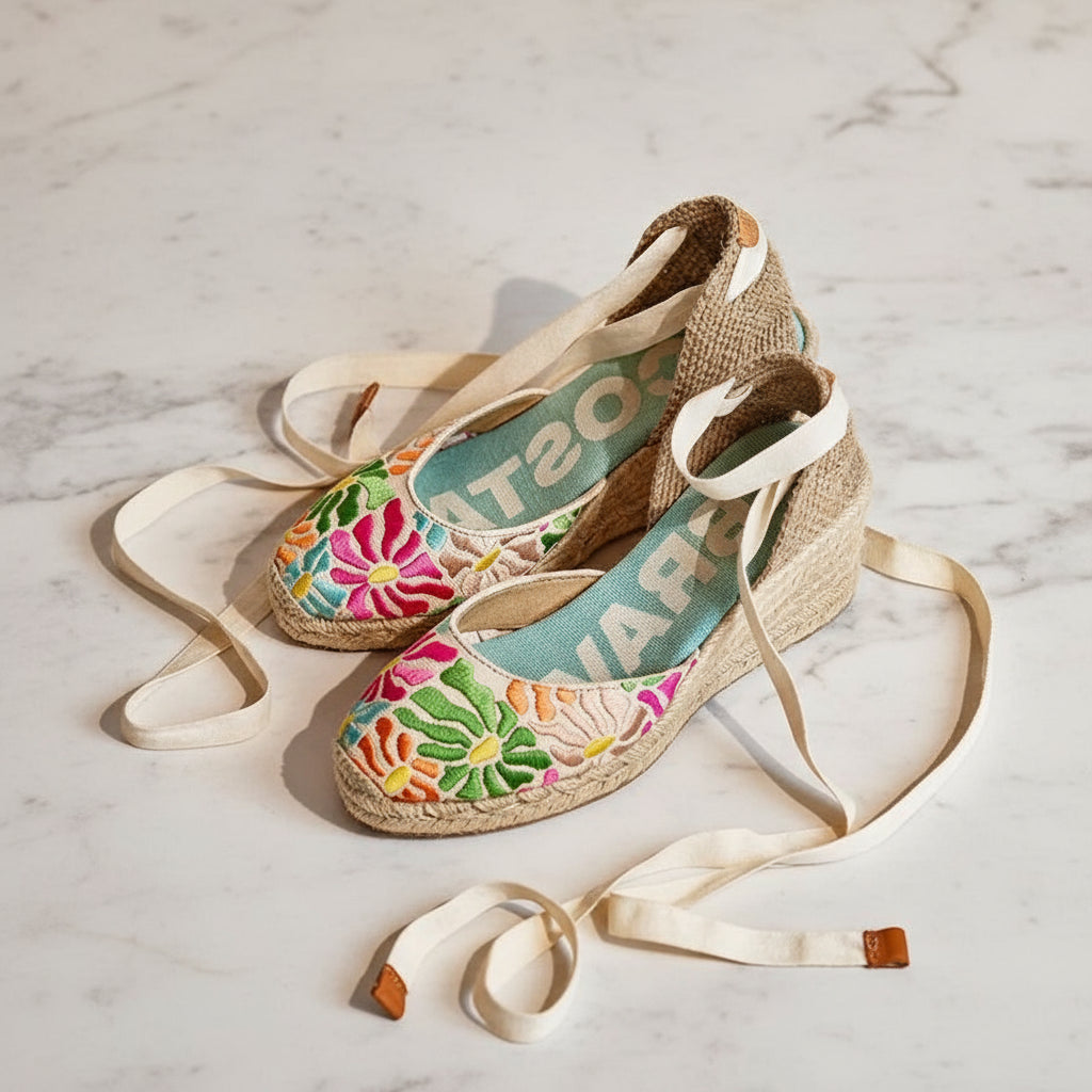 INDI petite floral espadrilles with cream ribbons arranged on neutral background, showcasing colorful embroidery.