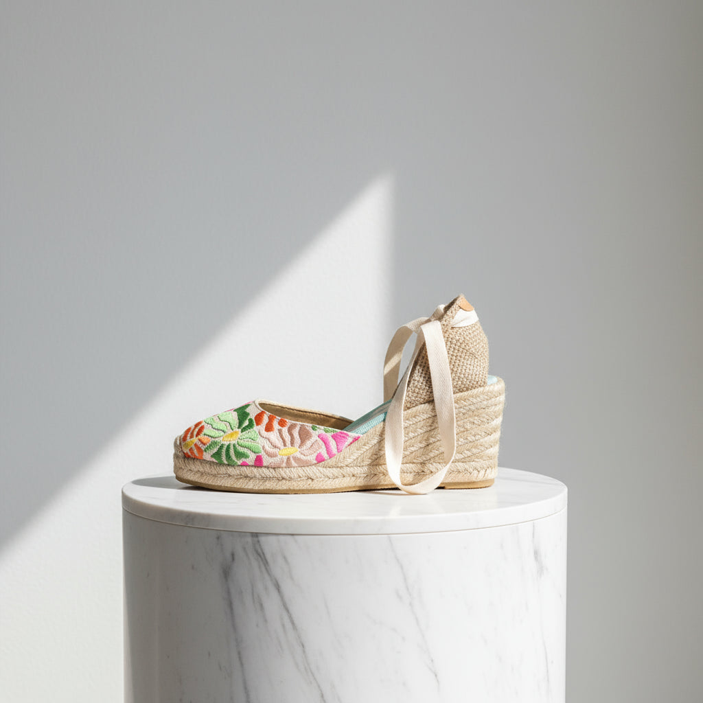 Profile view of INDI espadrille showing detailed jute wedge construction, cream ankle ribbons and vibrant floral embroidered upper.
