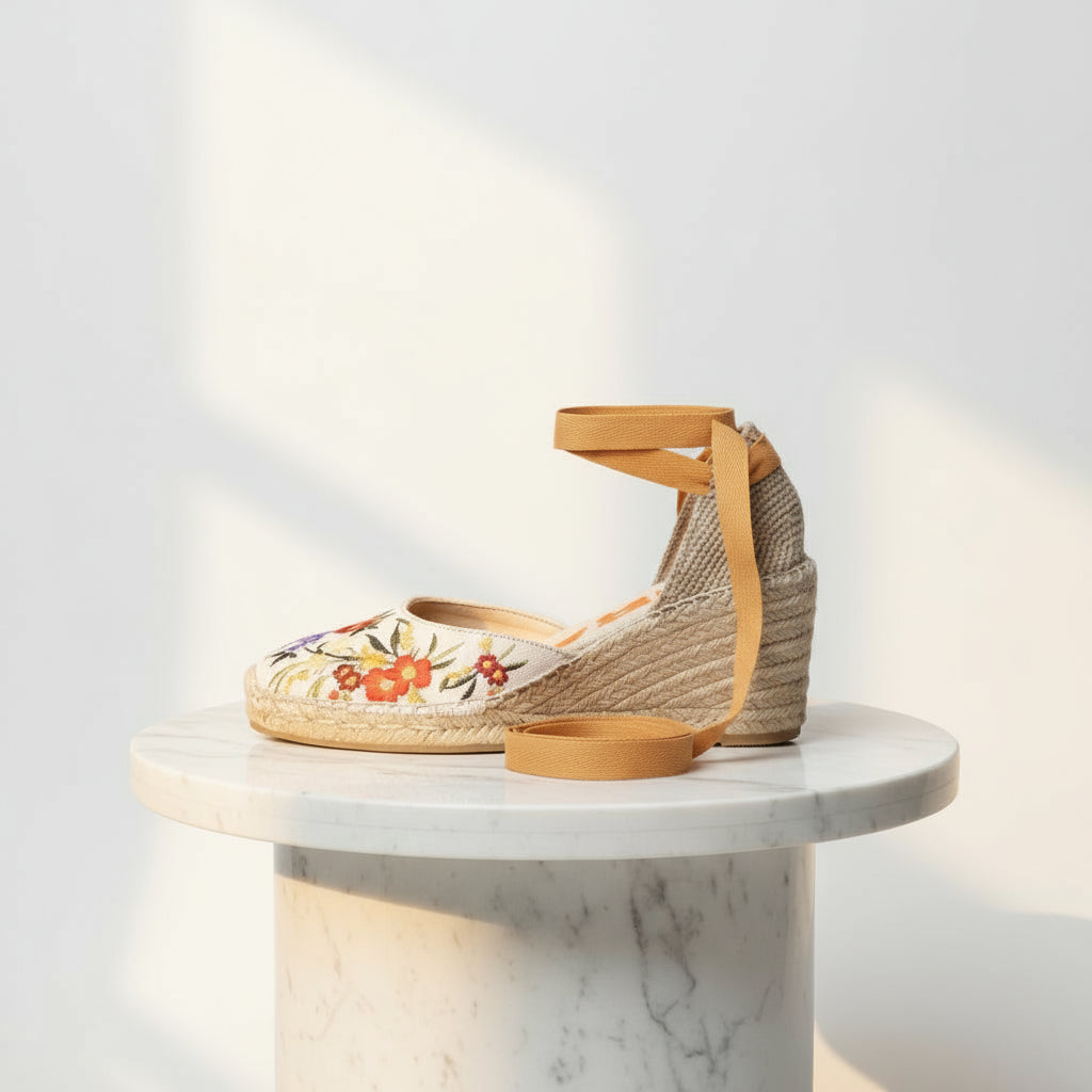 Profile view of INES espadrille showing 7cm jute wedge construction, floral embroidery and mustard ribbon ties.