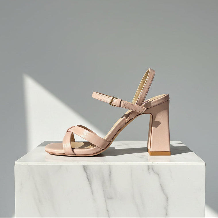 IRIS nude leather block-heel sandal with ankle strap and crossed front straps — petite dress shoe.