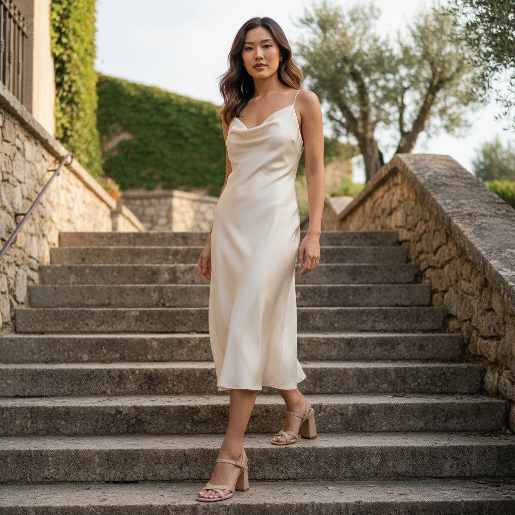 Model descending steps wearing IRIS  nude leather block-heel sandals — petite styling, elegant dress.