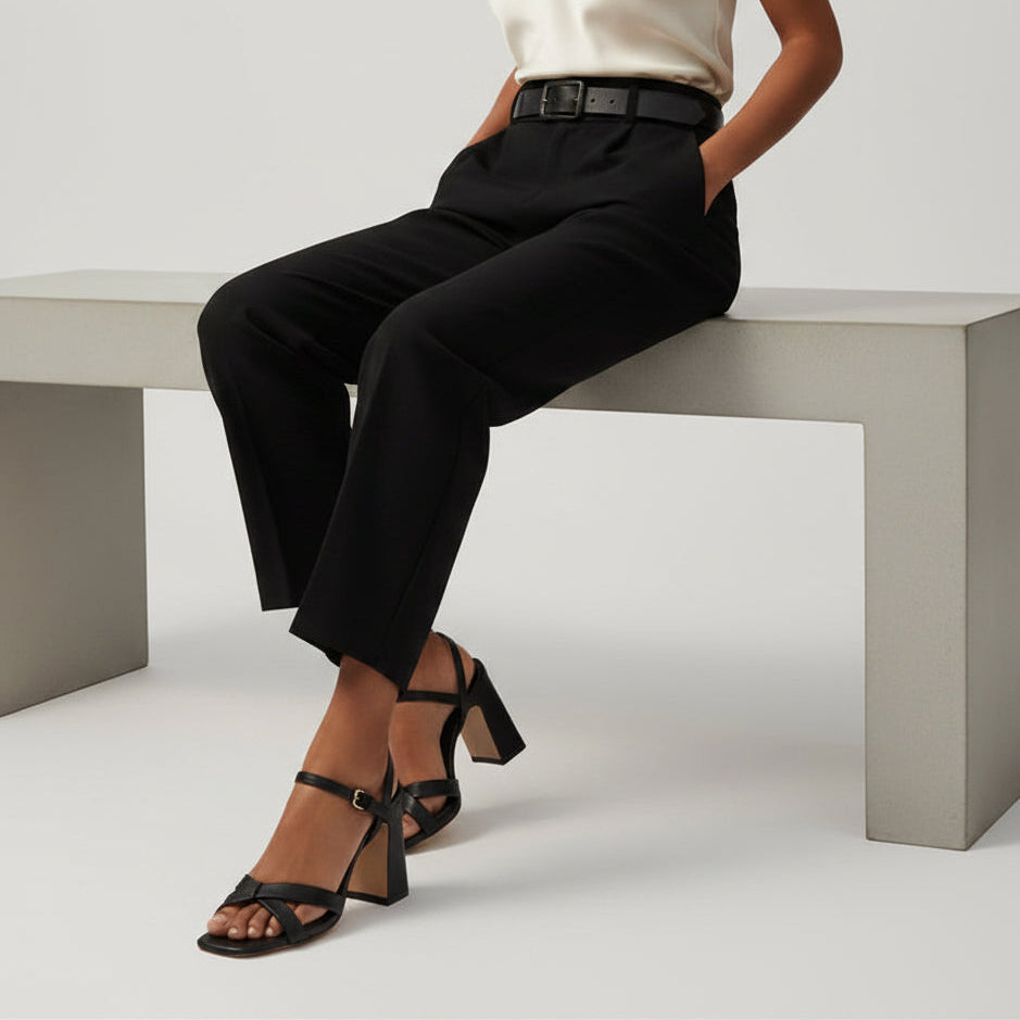 Woman sat on a concrete bench in a studio wearing black tailored trousers a cream silk top and matching black leather sandals. 