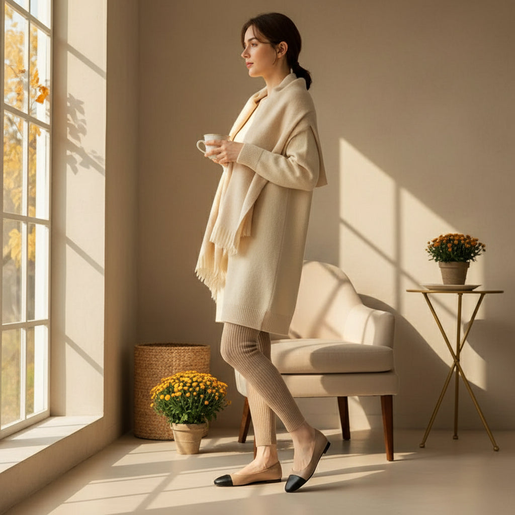 Side view of petite ballerina flats in beige and black leather being worn with cropped pants
