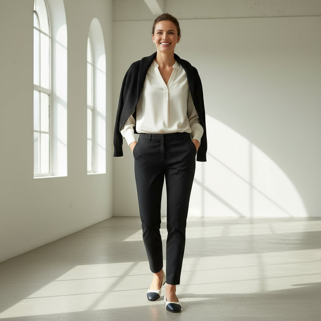 Woman in a professional outfit standing in a bright room with large windows.