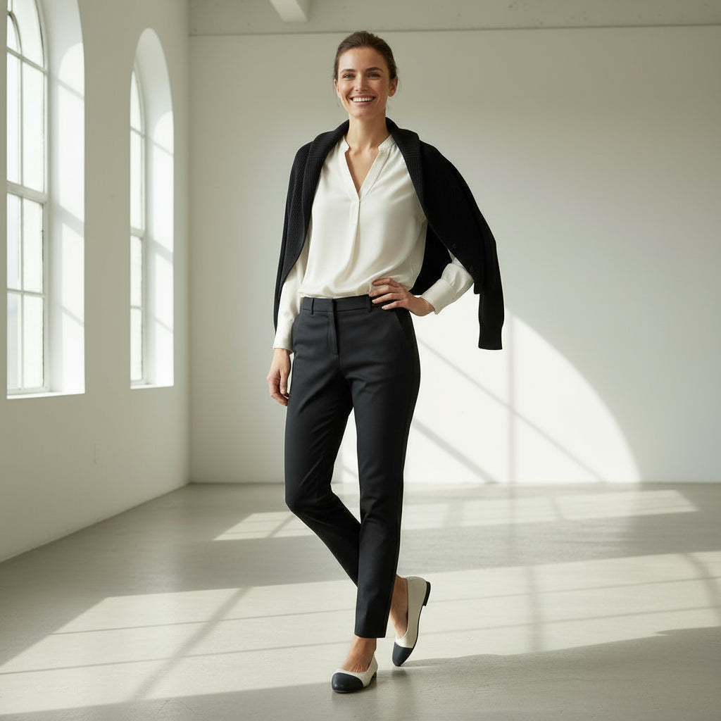 Woman in a white blouse and black jacket standing in a bright room with sunlight streaming in.