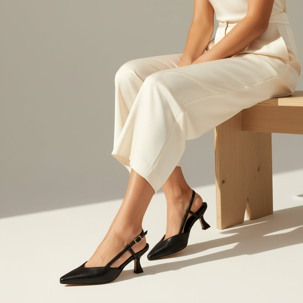 Woman wearing black high-heeled slingback shoes sitting on a wooden bench wearing cream wide leg trousers. 