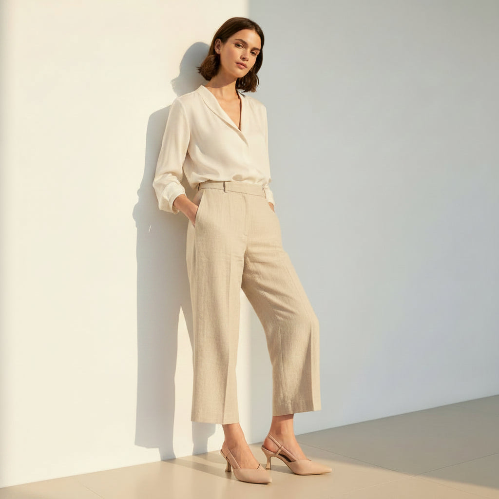 Woman wearing a beige trench coat and pants against a light background