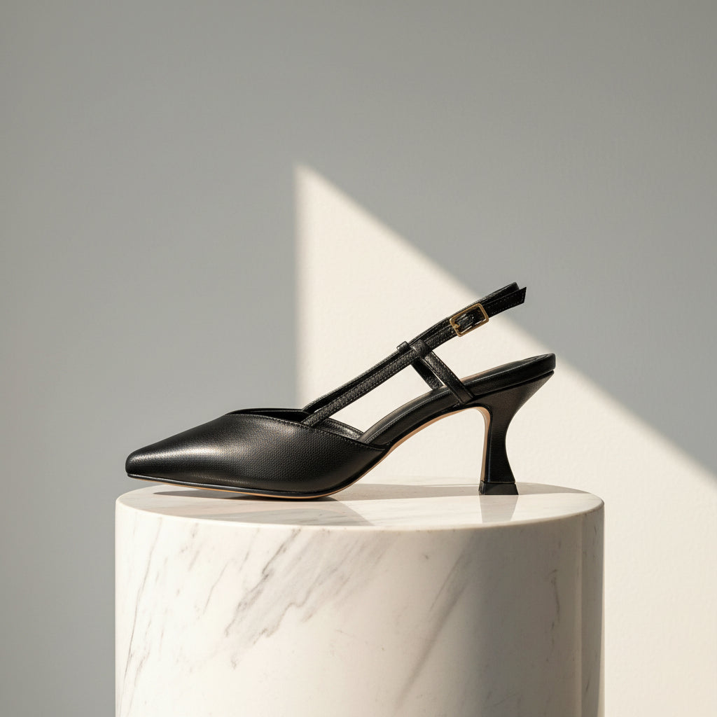 Black high-heeled shoe with a strap on a white background