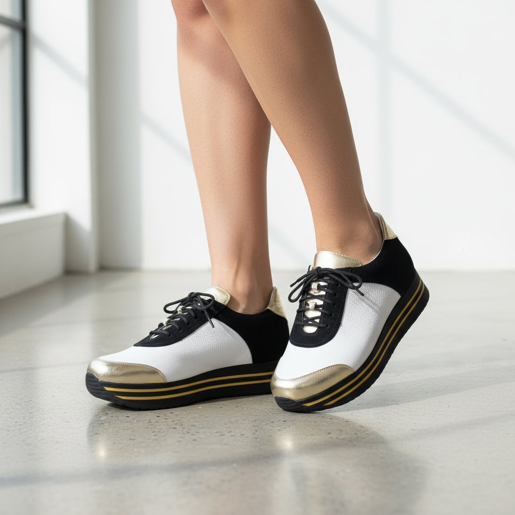 White and black sneakers with gold accents worn by a person on a light wooden floor.