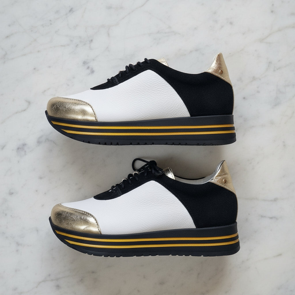 Gold and white leather ladies petite sneaker shoes